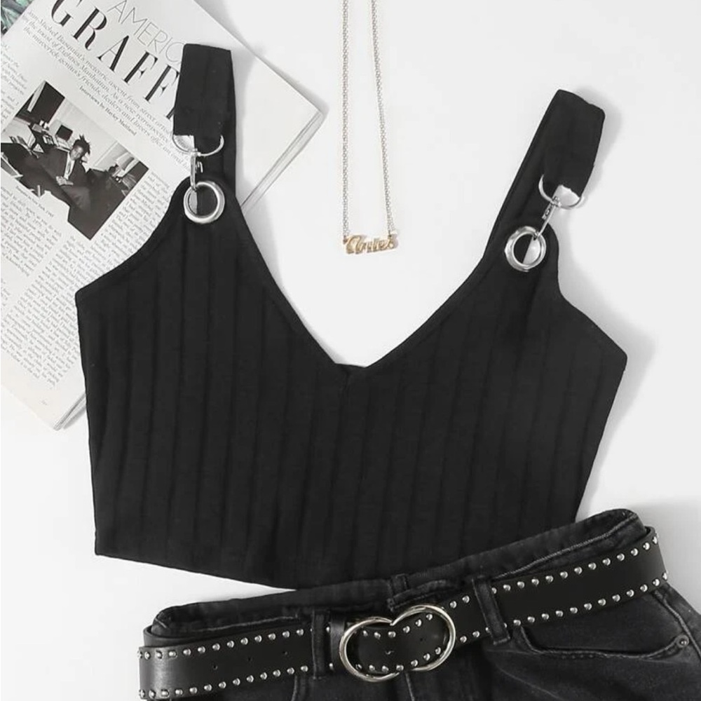 Grommet Strap Rib-Knit Crop Top